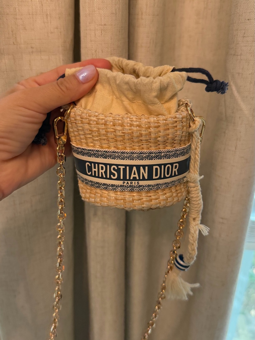 Dior Mini Raffia Bucket Bag Natural and Navy with Gold Chain and original strap - Picture 2 of 12